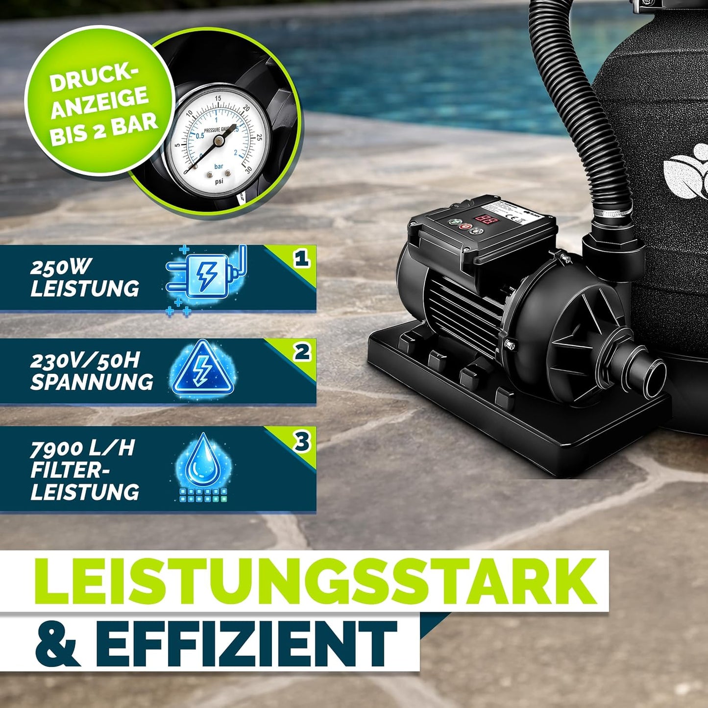 tillvex® Sandfilteranlage Pool 7.900L/h + 400g Filterbälle & 7-Wege Ventil | Filteranlage mit 2in1 Adapter Ø32 - 38mm | Sandfilter Poolfilteranlage Selbstansaugend | Poolfilter mit Druckanzeige & Pumpe