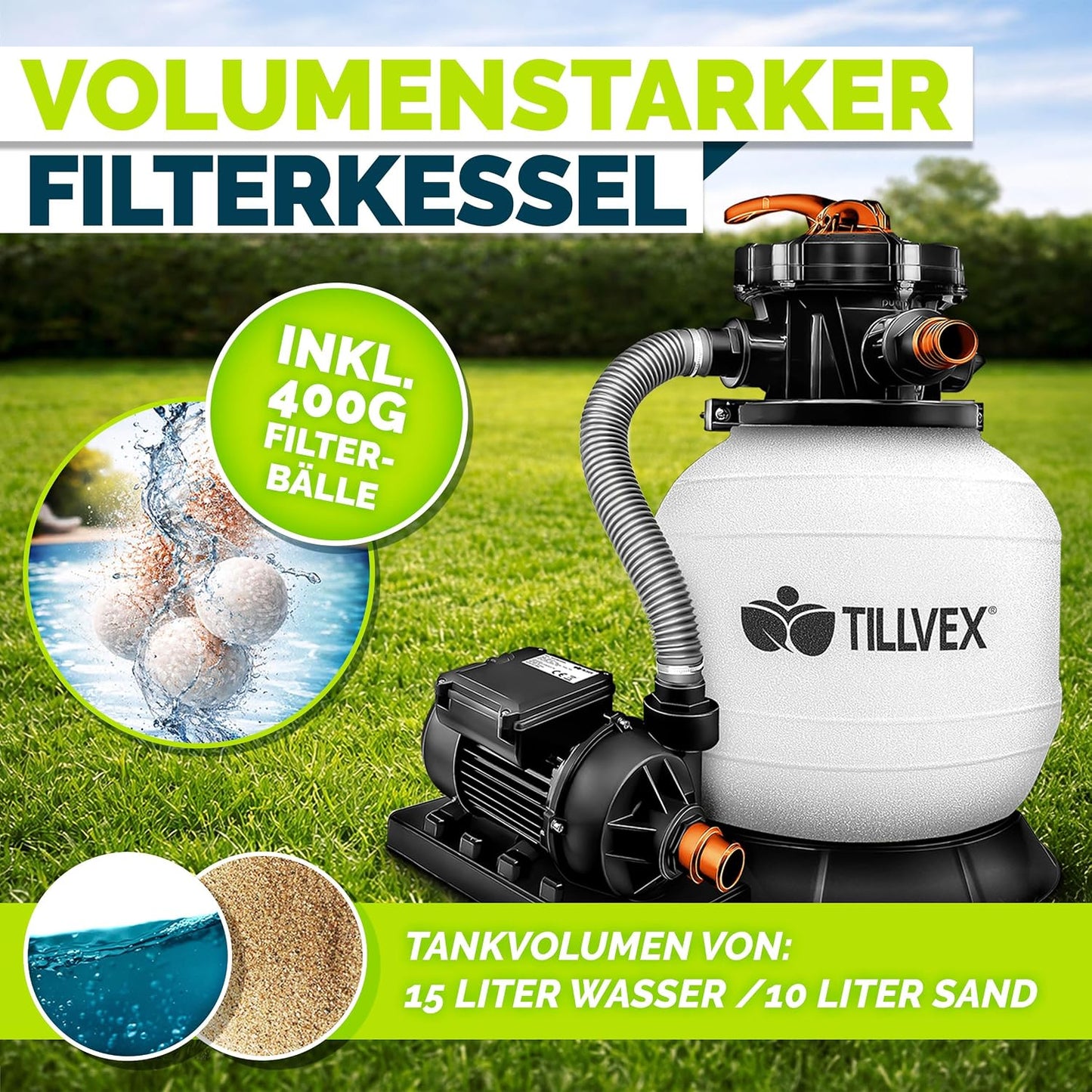 tillvex® Sandfilteranlage Pool 7.900L/h + 400g Filterbälle & 7-Wege Ventil | Filteranlage mit 2in1 Adapter Ø32 - 38mm | Sandfilter Poolfilteranlage Selbstansaugend | Poolfilter mit Druckanzeige & Pumpe