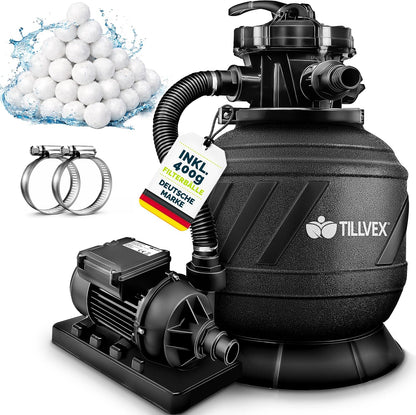 tillvex® Sandfilteranlage Pool 7.900L/h + 400g Filterbälle & 7-Wege Ventil | Filteranlage mit 2in1 Adapter Ø32 - 38mm | Sandfilter Poolfilteranlage Selbstansaugend | Poolfilter mit Druckanzeige & Pumpe