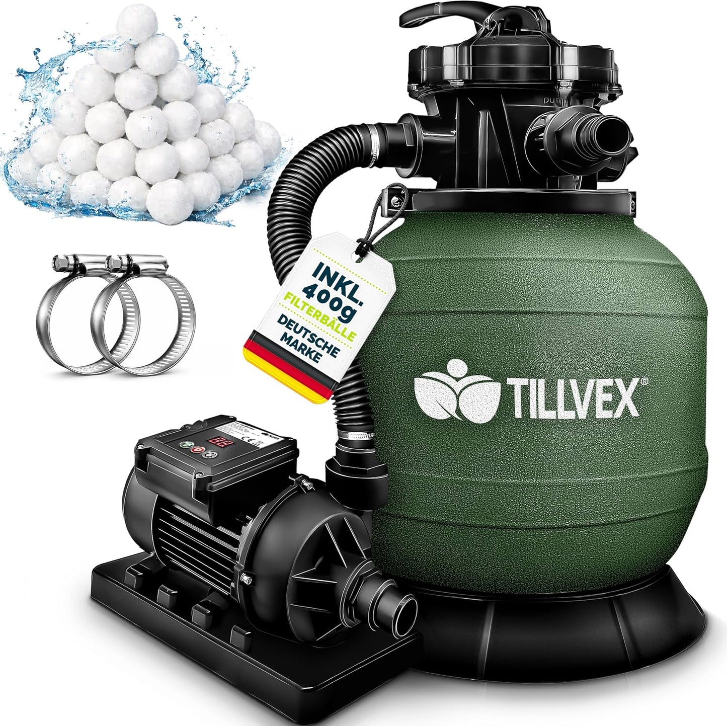 tillvex® Sandfilteranlage Pool 7.900L/h + 400g Filterbälle & 7-Wege Ventil | Filteranlage mit 2in1 Adapter Ø32 - 38mm | Sandfilter Poolfilteranlage Selbstansaugend | Poolfilter mit Druckanzeige & Pumpe