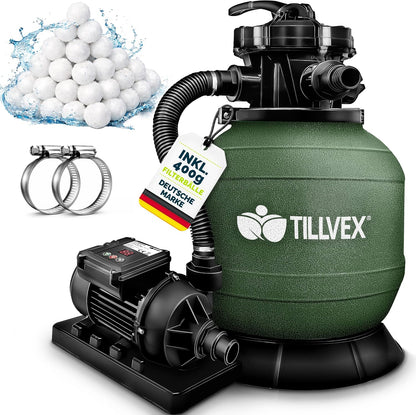 tillvex® Sandfilteranlage Pool 7.900L/h + 400g Filterbälle & 7-Wege Ventil | Filteranlage mit 2in1 Adapter Ø32 - 38mm | Sandfilter Poolfilteranlage Selbstansaugend | Poolfilter mit Druckanzeige & Pumpe