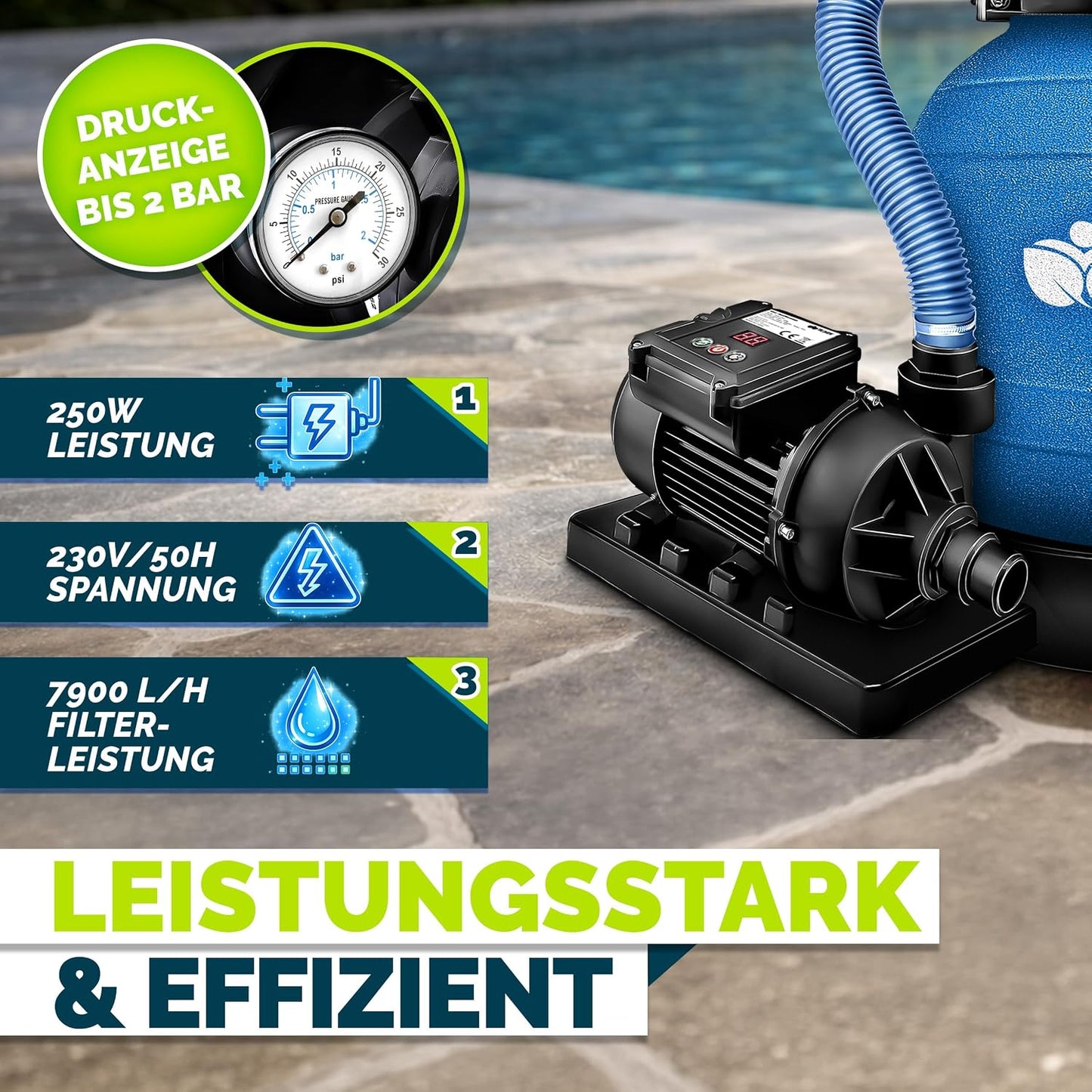 tillvex® Sandfilteranlage Pool 7.900L/h + 400g Filterbälle & 7-Wege Ventil | Filteranlage mit 2in1 Adapter Ø32 - 38mm | Sandfilter Poolfilteranlage Selbstansaugend | Poolfilter mit Druckanzeige & Pumpe