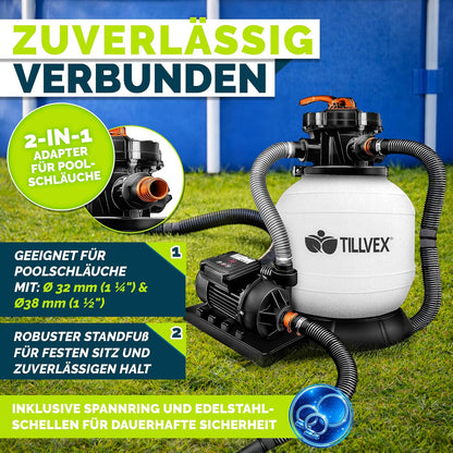 tillvex® Sandfilteranlage Pool 7.900L/h + 400g Filterbälle & 7-Wege Ventil | Filteranlage mit 2in1 Adapter Ø32 - 38mm | Sandfilter Poolfilteranlage Selbstansaugend | Poolfilter mit Druckanzeige & Pumpe