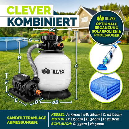 tillvex® Sandfilteranlage Pool 7.900L/h + 400g Filterbälle & 7-Wege Ventil | Filteranlage mit 2in1 Adapter Ø32 - 38mm | Sandfilter Poolfilteranlage Selbstansaugend | Poolfilter mit Druckanzeige & Pumpe