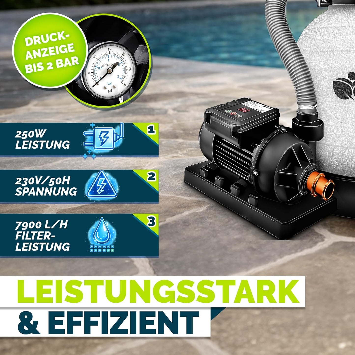 tillvex® Sandfilteranlage Pool 7.900L/h + 400g Filterbälle & 7-Wege Ventil | Filteranlage mit 2in1 Adapter Ø32 - 38mm | Sandfilter Poolfilteranlage Selbstansaugend | Poolfilter mit Druckanzeige & Pumpe