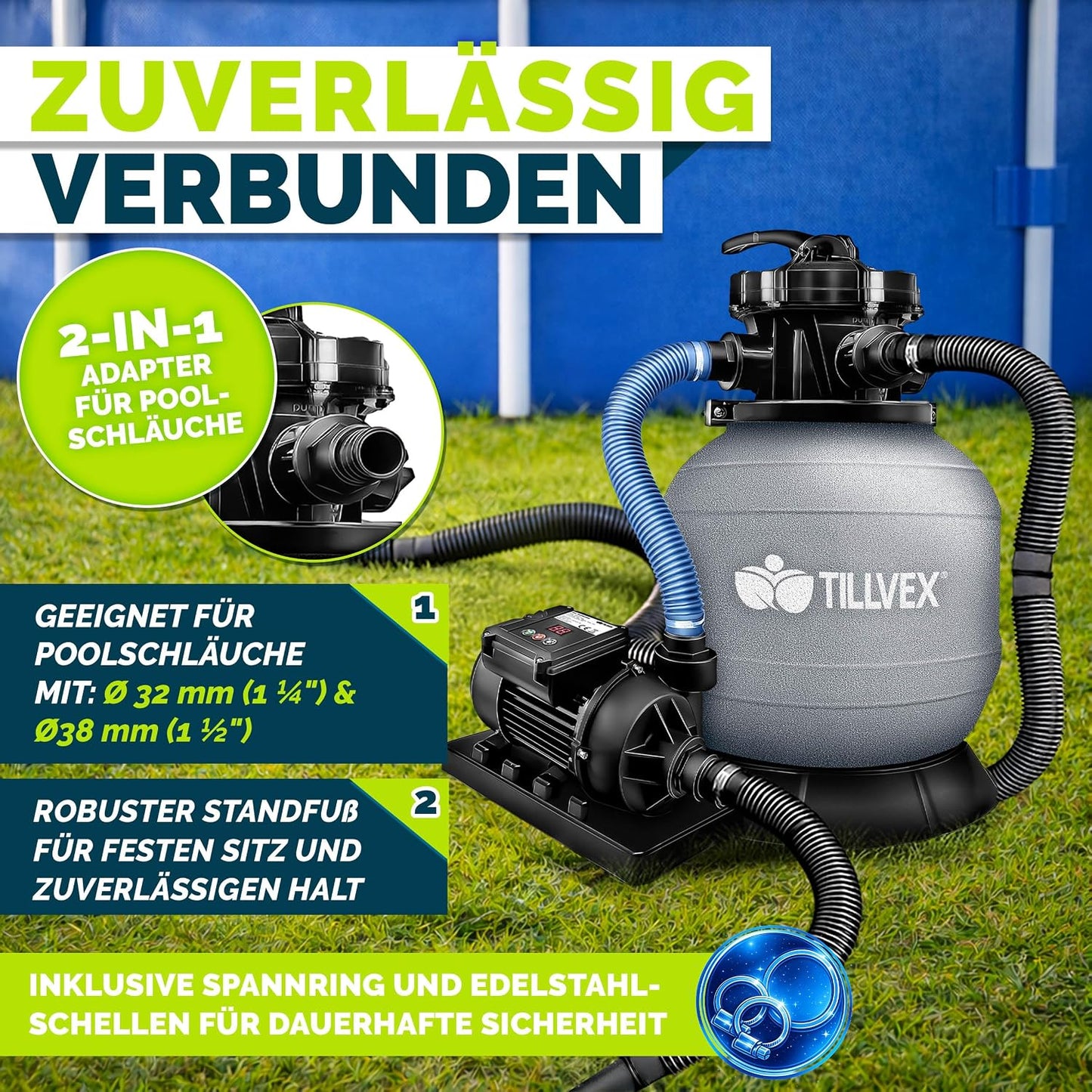 tillvex® Sandfilteranlage Pool 7.900L/h + 400g Filterbälle & 7-Wege Ventil | Filteranlage mit 2in1 Adapter Ø32 - 38mm | Sandfilter Poolfilteranlage Selbstansaugend | Poolfilter mit Druckanzeige & Pumpe