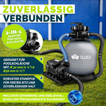 tillvex® Sandfilteranlage Pool 7.900L/h + 400g Filterbälle & 7-Wege Ventil | Filteranlage mit 2in1 Adapter Ø32 - 38mm | Sandfilter Poolfilteranlage Selbstansaugend | Poolfilter mit Druckanzeige & Pumpe