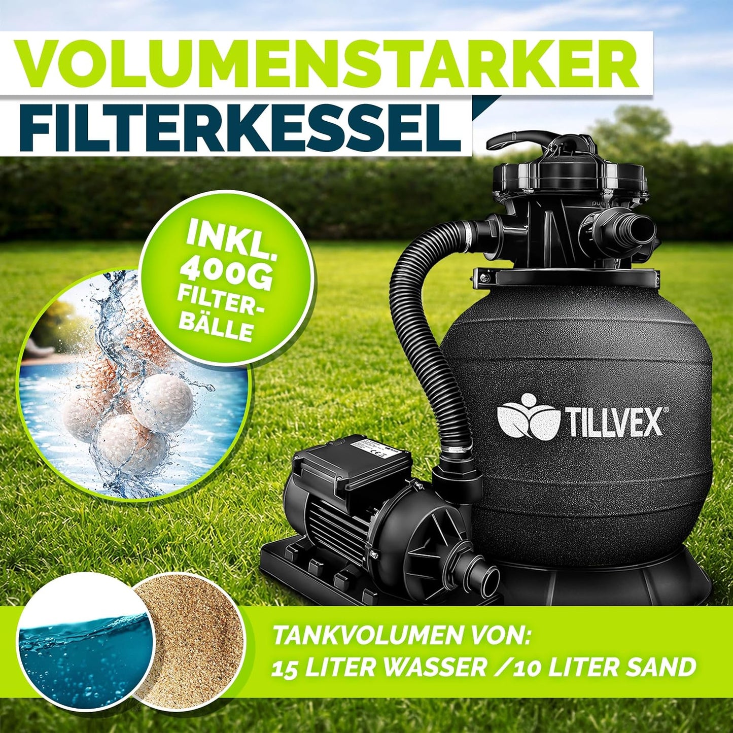 tillvex® Sandfilteranlage Pool 7.900L/h + 400g Filterbälle & 7-Wege Ventil | Filteranlage mit 2in1 Adapter Ø32 - 38mm | Sandfilter Poolfilteranlage Selbstansaugend | Poolfilter mit Druckanzeige & Pumpe