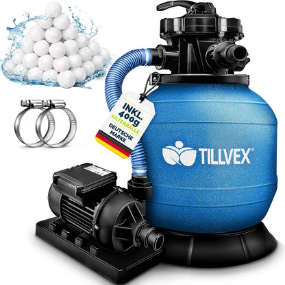 tillvex® Sandfilteranlage Pool 7.900L/h + 400g Filterbälle & 7-Wege Ventil | Filteranlage mit 2in1 Adapter Ø32 - 38mm | Sandfilter Poolfilteranlage Selbstansaugend | Poolfilter mit Druckanzeige & Pumpe