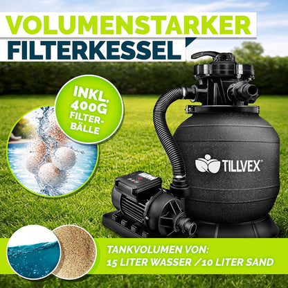 tillvex® Sandfilteranlage Pool 7.900L/h + 400g Filterbälle & 7-Wege Ventil | Filteranlage mit 2in1 Adapter Ø32 - 38mm | Sandfilter Poolfilteranlage Selbstansaugend | Poolfilter mit Druckanzeige & Pumpe