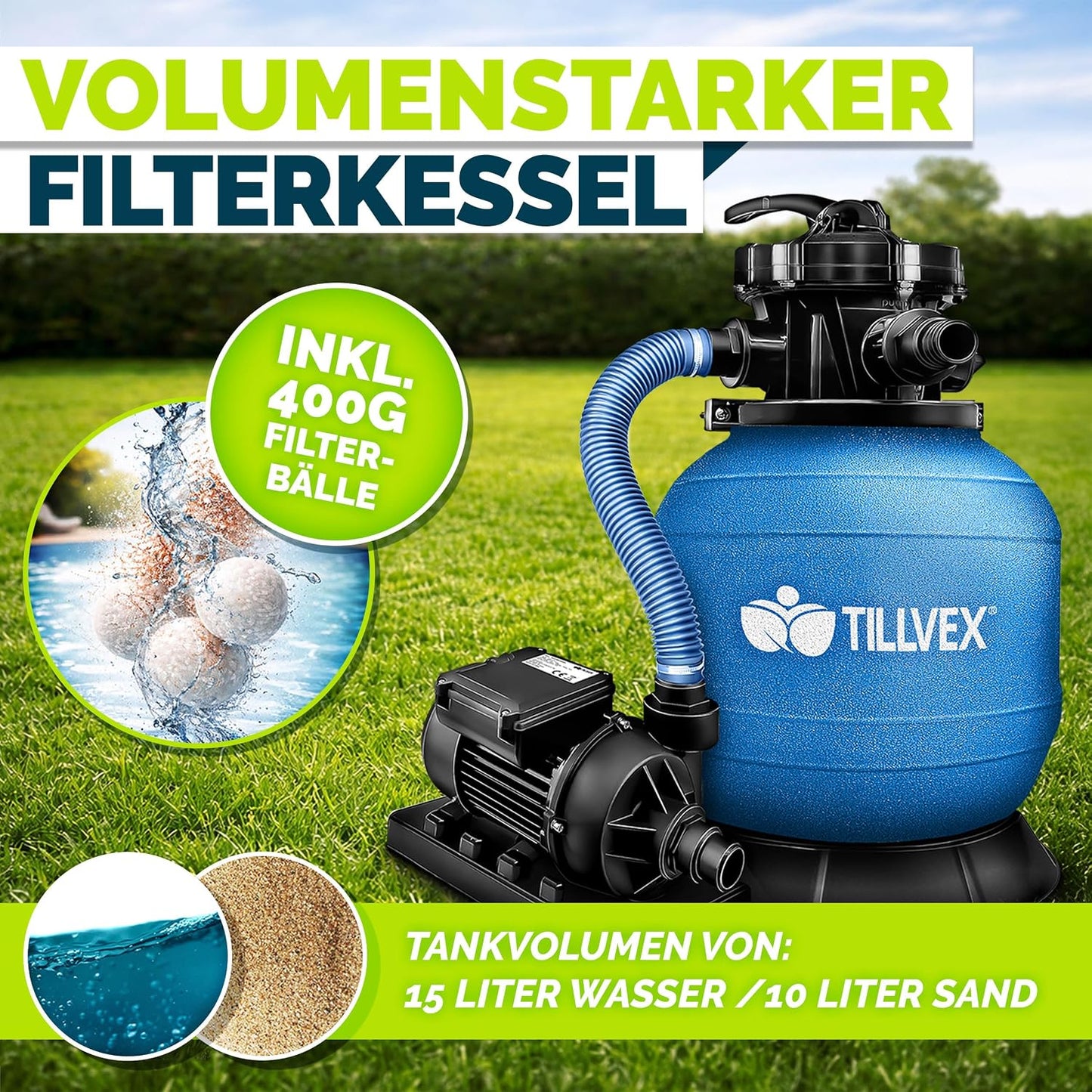 tillvex® Sandfilteranlage Pool 7.900L/h + 400g Filterbälle & 7-Wege Ventil | Filteranlage mit 2in1 Adapter Ø32 - 38mm | Sandfilter Poolfilteranlage Selbstansaugend | Poolfilter mit Druckanzeige & Pumpe