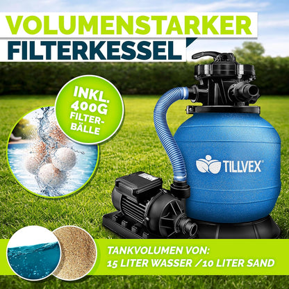 tillvex® Sandfilteranlage Pool 7.900L/h + 400g Filterbälle & 7-Wege Ventil | Filteranlage mit 2in1 Adapter Ø32 - 38mm | Sandfilter Poolfilteranlage Selbstansaugend | Poolfilter mit Druckanzeige & Pumpe