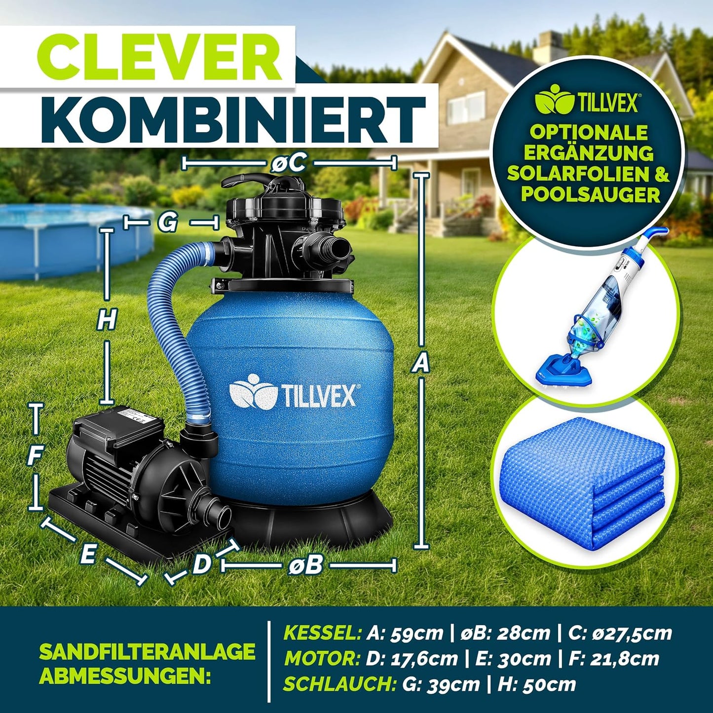 tillvex® Sandfilteranlage Pool 7.900L/h + 400g Filterbälle & 7-Wege Ventil | Filteranlage mit 2in1 Adapter Ø32 - 38mm | Sandfilter Poolfilteranlage Selbstansaugend | Poolfilter mit Druckanzeige & Pumpe