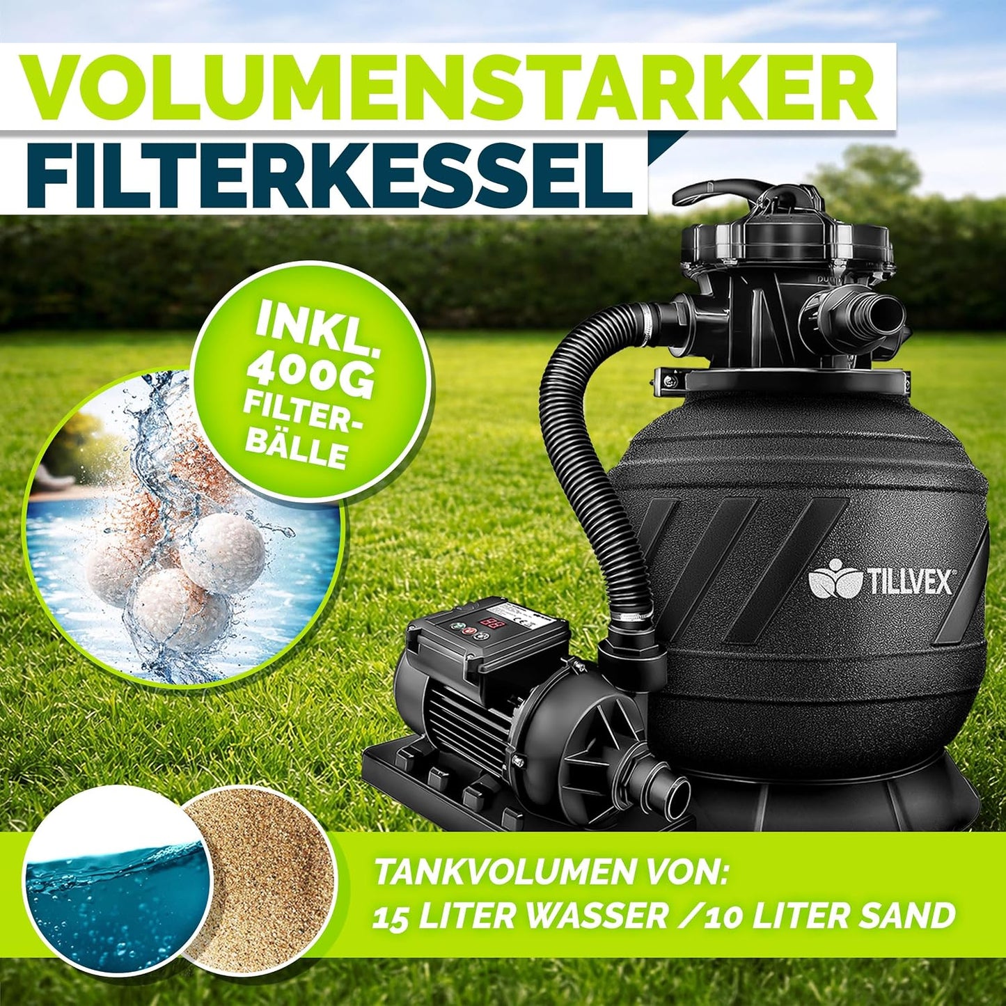 tillvex® Sandfilteranlage Pool 7.900L/h + 400g Filterbälle & 7-Wege Ventil | Filteranlage mit 2in1 Adapter Ø32 - 38mm | Sandfilter Poolfilteranlage Selbstansaugend | Poolfilter mit Druckanzeige & Pumpe