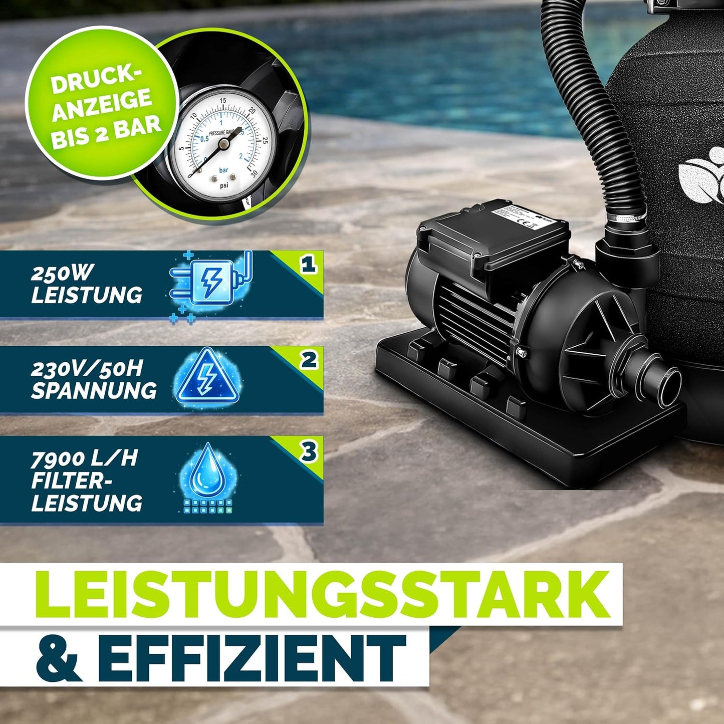 tillvex® Sandfilteranlage Pool 7.900L/h + 400g Filterbälle & 7-Wege Ventil | Filteranlage mit 2in1 Adapter Ø32 - 38mm | Sandfilter Poolfilteranlage Selbstansaugend | Poolfilter mit Druckanzeige & Pumpe