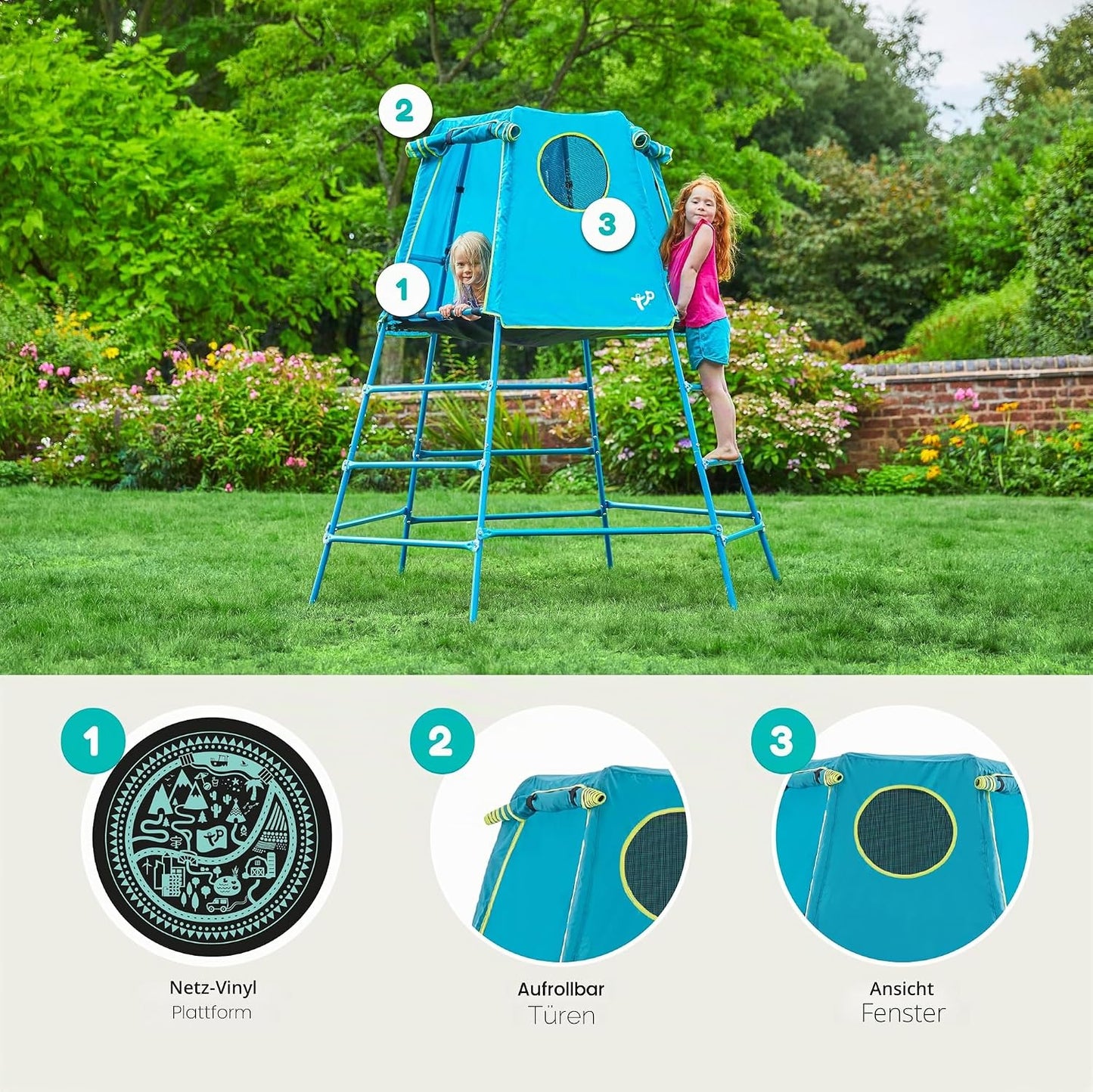 TP Toys Explorer Metall-Klettergerüst mit Plattform und Höhle, TP852, 18 Monate, niedrige 12 Jahre, volle Höhe, Blau, Outdoor-und Gartenspielzeug für Kinder, Climbing Frame