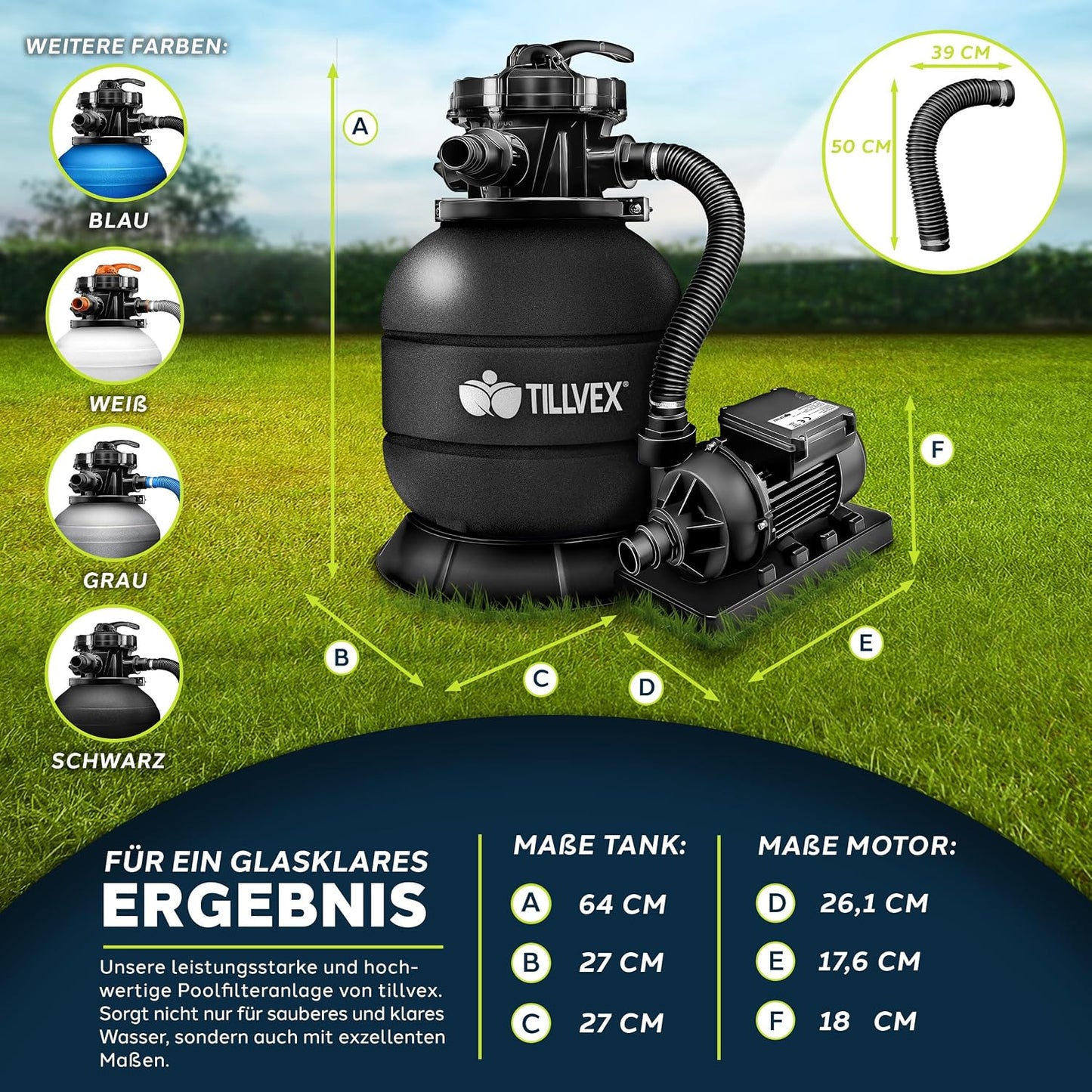 tillvex® Sandfilteranlage Pool 7.900L/h + 400g Filterbälle & 7-Wege Ventil | Filteranlage mit 2in1 Adapter Ø32 - 38mm | Sandfilter Poolfilteranlage Selbstansaugend | Poolfilter mit Druckanzeige & Pumpe