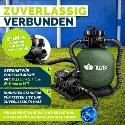 tillvex® Sandfilteranlage Pool 7.900L/h + 400g Filterbälle & 7-Wege Ventil | Filteranlage mit 2in1 Adapter Ø32 - 38mm | Sandfilter Poolfilteranlage Selbstansaugend | Poolfilter mit Druckanzeige & Pumpe