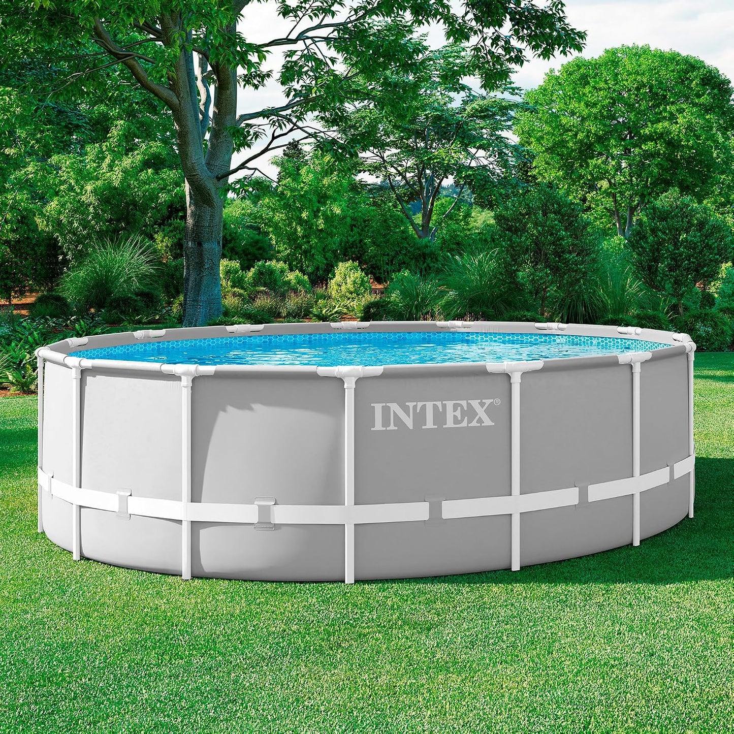 Intex 26726NP – Aufstellpool Prism Frame Rund, Filterpumpe 3785 L/h, Leiter, Bodenplane und Abdeckplane, 16805 L, Stahl und PVC, Grau, 457x122 cm